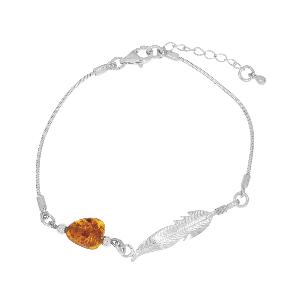 Bracelet plume argent - ambre cognac