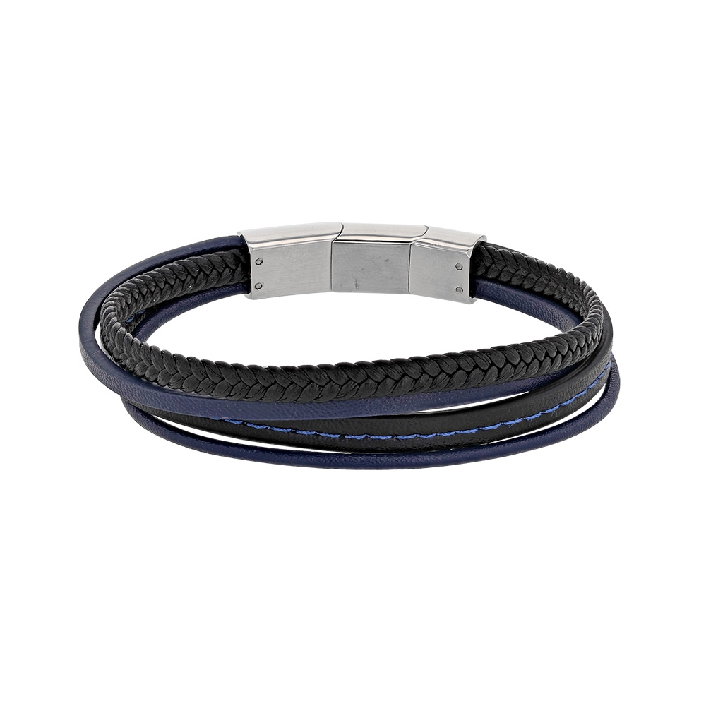 Bracelet ETHAN - Noir et bleu - Acier et cuir