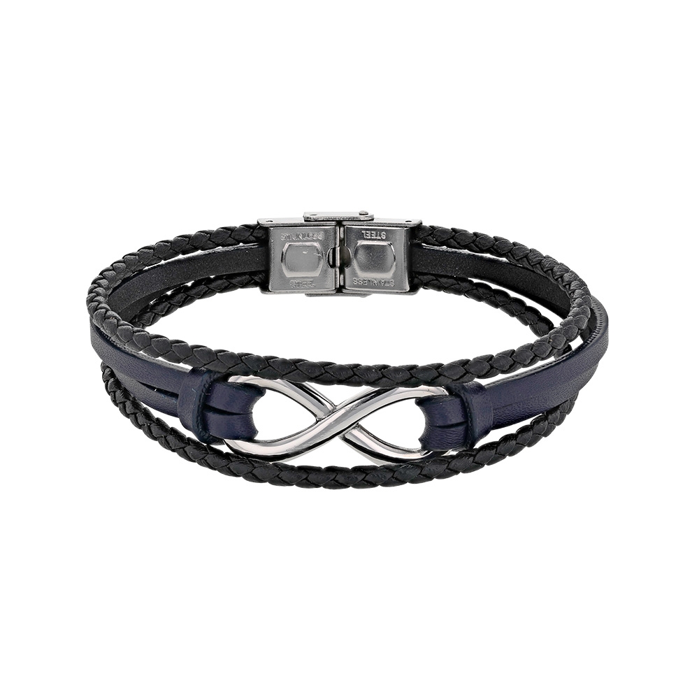 Bracelet ETHAN infini - Noir - Acier et cuir