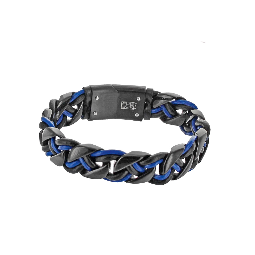 Bracelet TONY - Noir et bleu - Acier et cuir