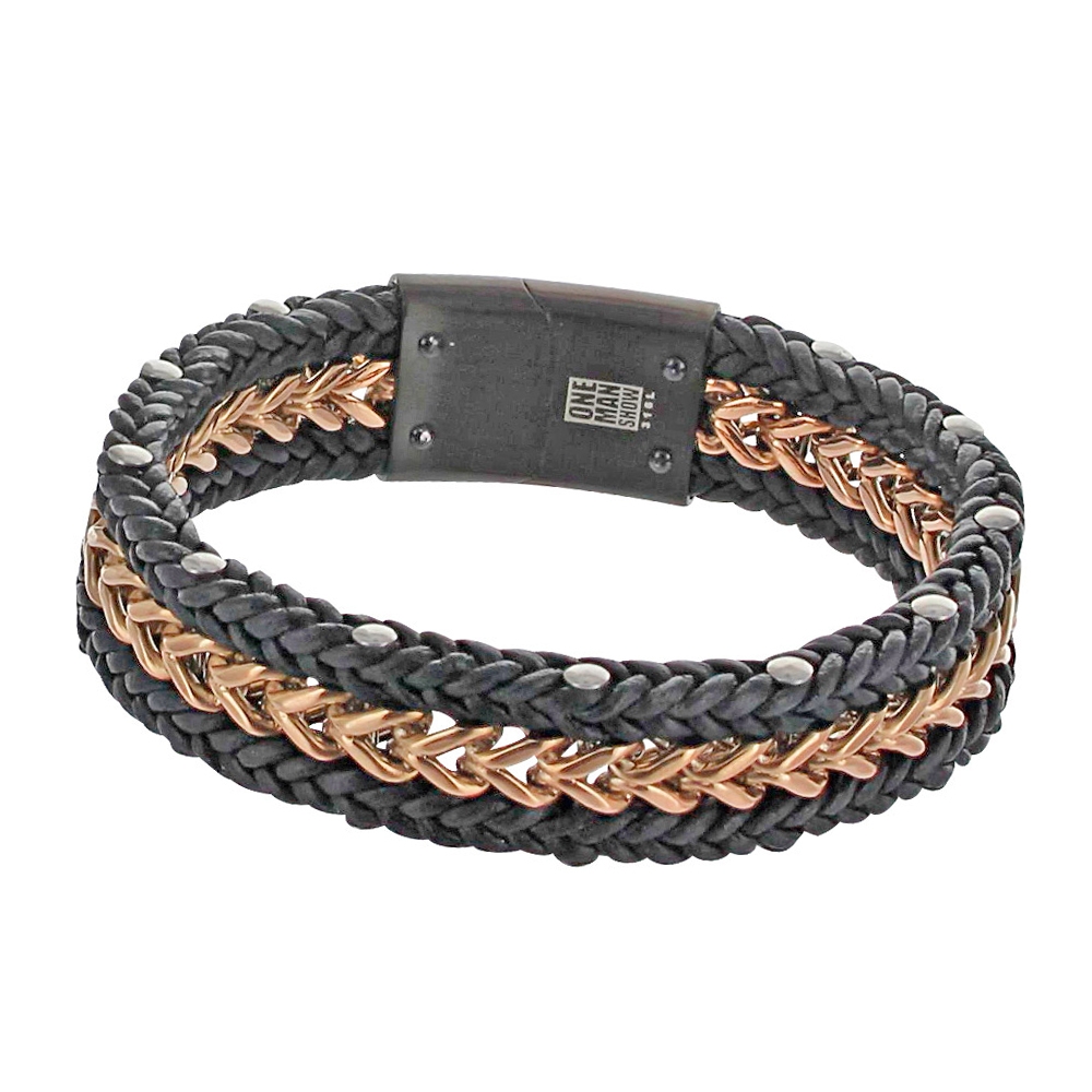 Bracelet NILS - Tresse et chaîne - Acier doré rose et cuir