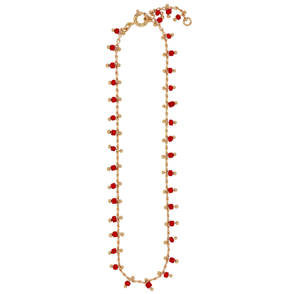 Chaîne de cheville RIO - rouge corail - plaqué or et perles