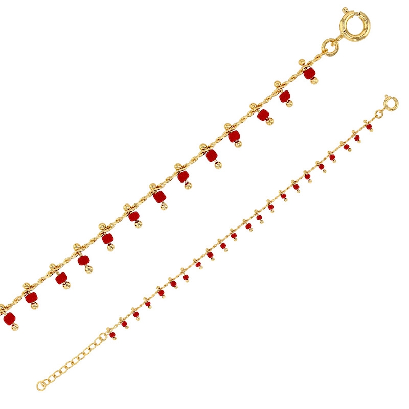 Bracelet RIO - rouge corail - plaqué or et perles