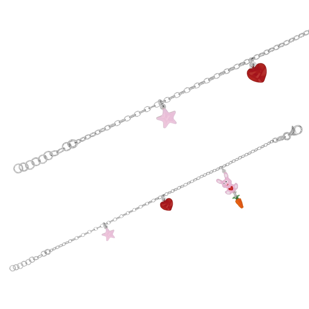 Bracelet 3 pampilles COEUR ETOILE LAPIN en émail et argent